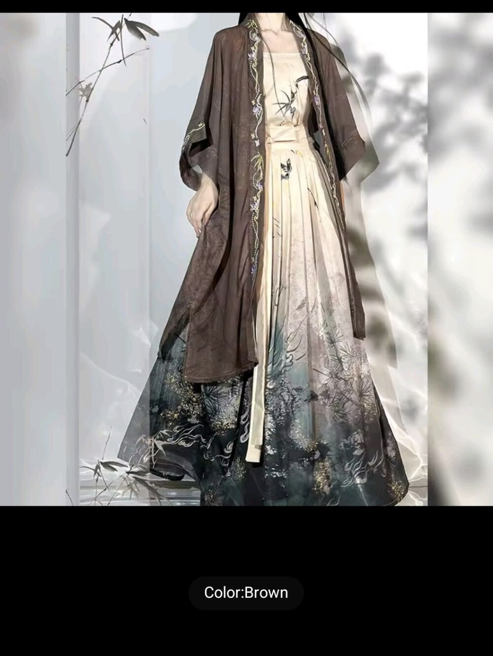 Brown and Cream Gradient Maxi Dress with Sheer Kimono Overlay